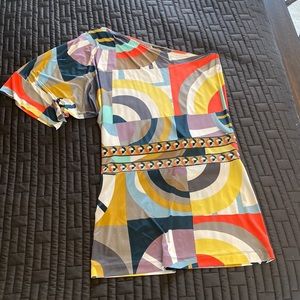 BCBG MaxAzaria size small colorful geometric-print one shoulder dress